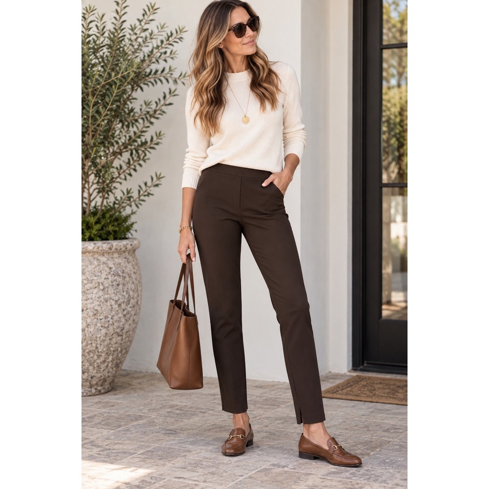 J. Jill Ponte Slim Leg Pants Brown Tall Large High Rise Trousers Side Slits